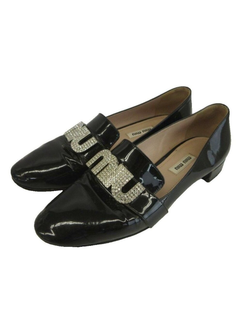 Miu Miu Logo Bijou Patent Leather Loafers Shoes Rhinestone Black